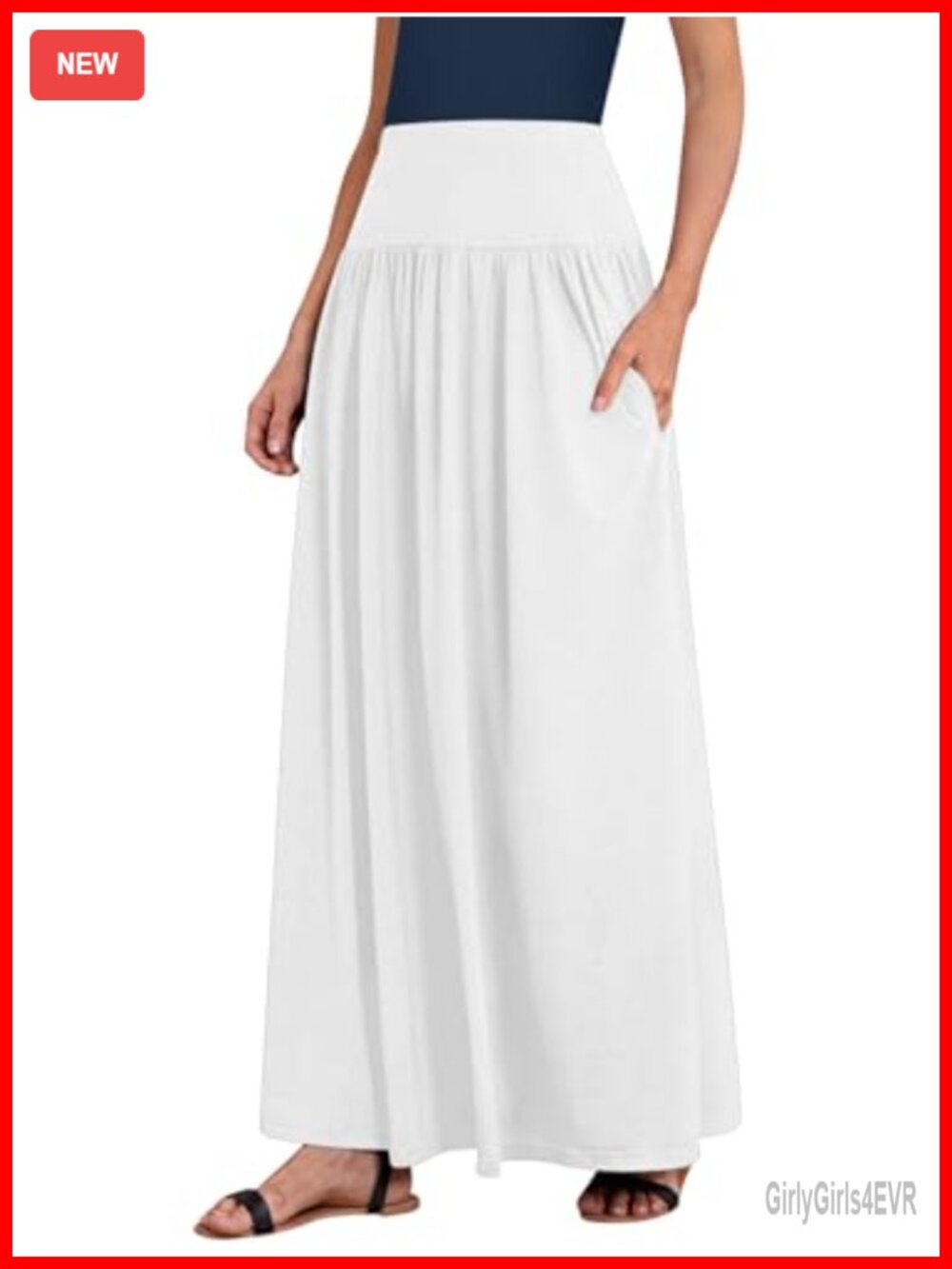 Maxi Skirt with Pockets Elastic Waist A-Line Long Skirt